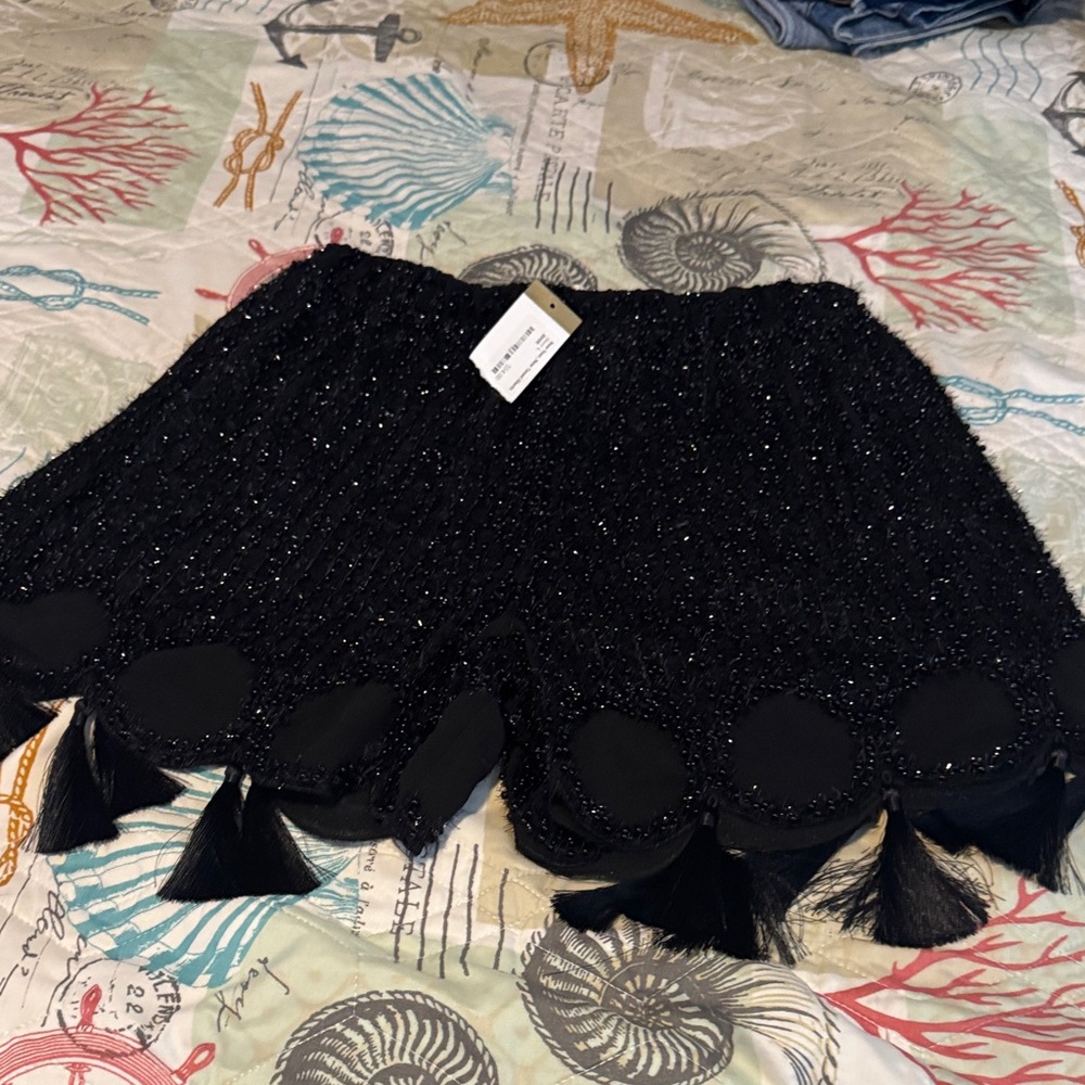 Women's Black Beaded Tassel Hem Skort